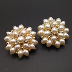 Cream Faux Pearl Clear Rhinestone Flower Clip Earrings, 1 3/4 Inches